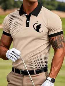 Men's Golf Polo Shirt, Colorblock Polka Dot Print, Short Sleeve Sporty Top, Loose-Fit, Herringbone Pattern, Ideal for Golf and Daily Wear