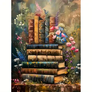 1PCS Flowers & Books Acrylic Paint by Numbers 16x20in Unframed Beginner DIY Decorative Painting Artistic & Healing Style Decor for Study / Bedroom / Living Room Ideal Reading Vibe Gift / Housewarming Present / Home Wall Decoration