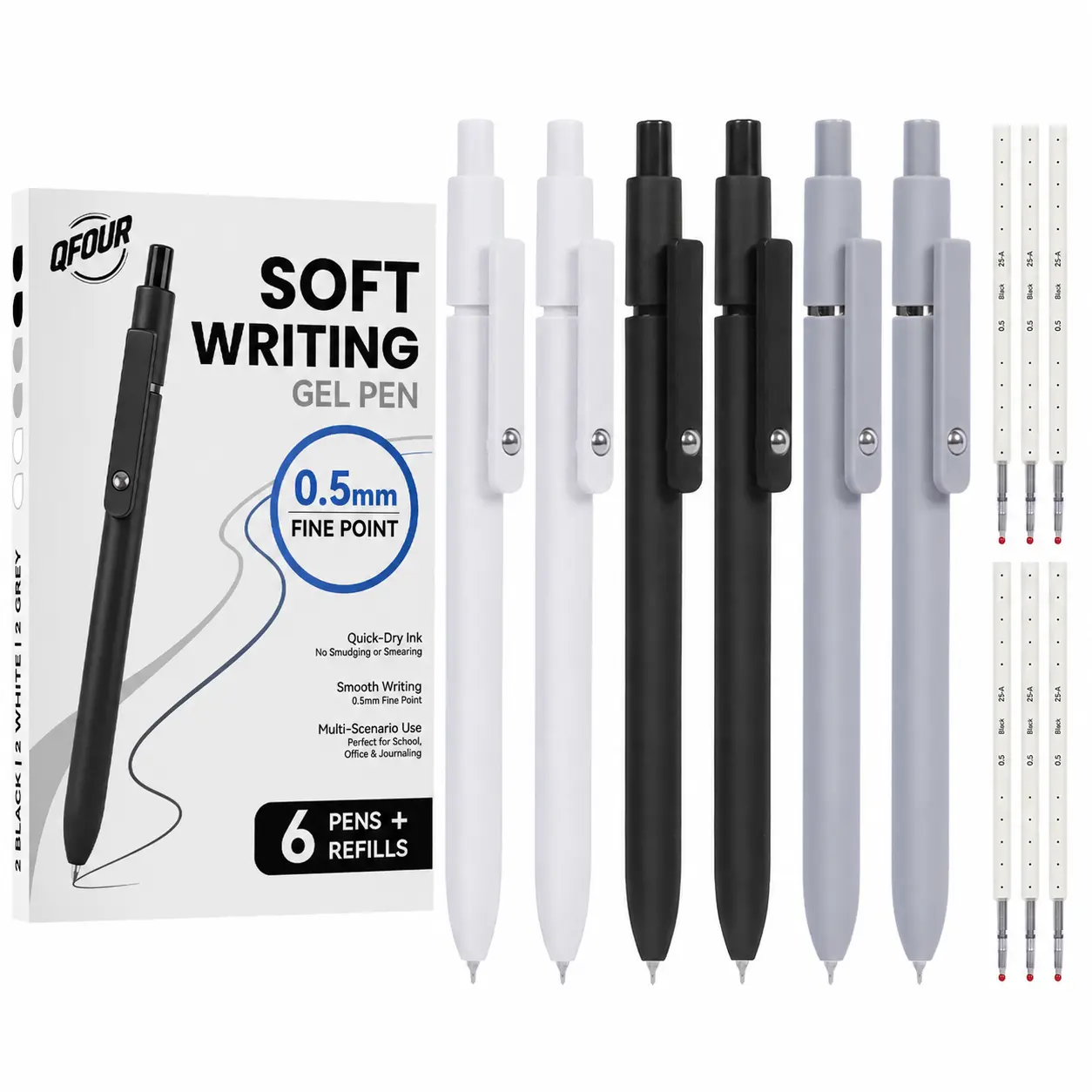 12-Piece Gel Pen Set,  6 Black Gel Pens plus 6 Blue Refills, 0.5mm Retractable Pens, Quick-Dry Smooth Writing Pens for Office, Note Taking, School, College & Teachers