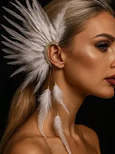 Exaggerated Vintage Rhinestone Feather Earrings, Fringe Feather Ear Cuffs, Christmas Stage Performance Fairy Wedding Accessories for Women