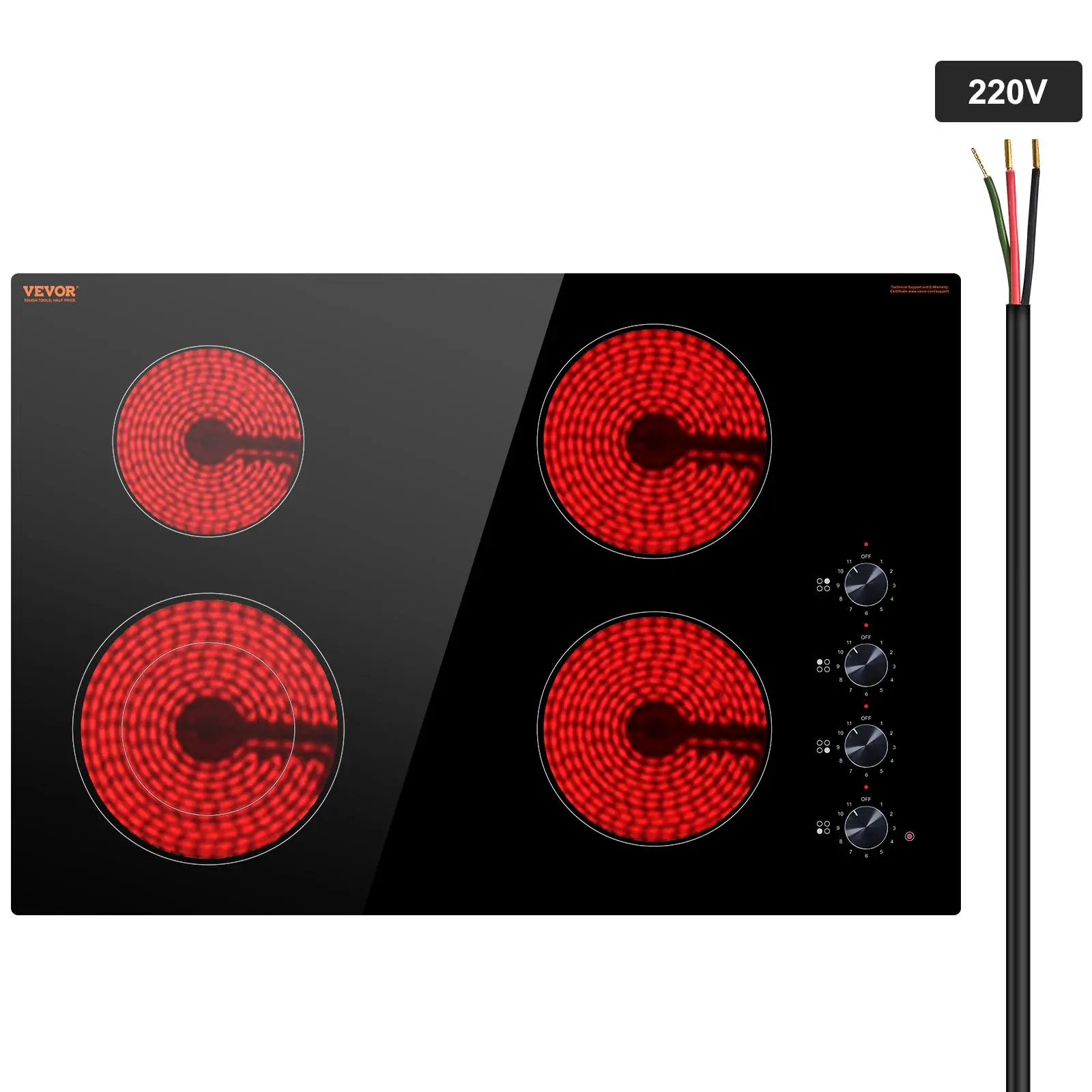 【summerfinds】VEVOR 30-Inch 4-Burner Built-In Electric Cooktop, 7200W Ceramic Radiant Hob Stove, Glass Panel, Knob Control, 11 Heat Levels, 220-240V Hardwired (No Plug) – Father's Day Gift