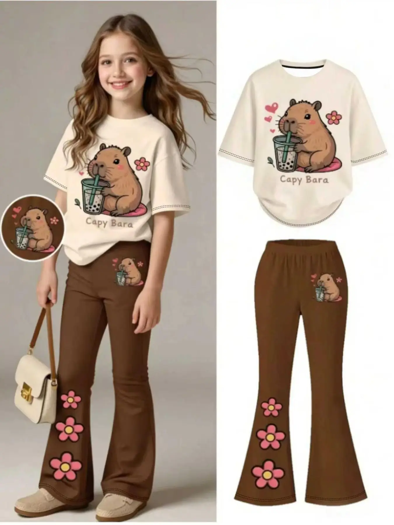 Women's Casual Fashion Fitted Graphic Print Set, Spring Summer Fall, Heart Flower Letter Cute Cartoon Prints, Outdoor Leisure Party Gift, Outfit, Clothes