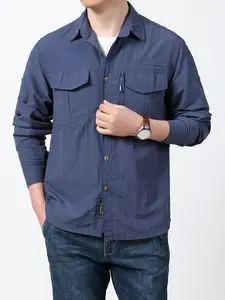 Men's Spring New Long Sleeve Shirt, Outdoor Casual Breathable Multi-Pocket Blouse, Sports Hiking Climbing Nylon Fabric
