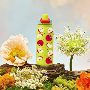 Green Apple Pattern Straw Water Bottle, cute fruit print, leakproof flip top lid, one click open, lightweight for travel, reusable, Washable for iced water tea juice, summer picnic accessory, gift for women men, fits holder, Drinkware