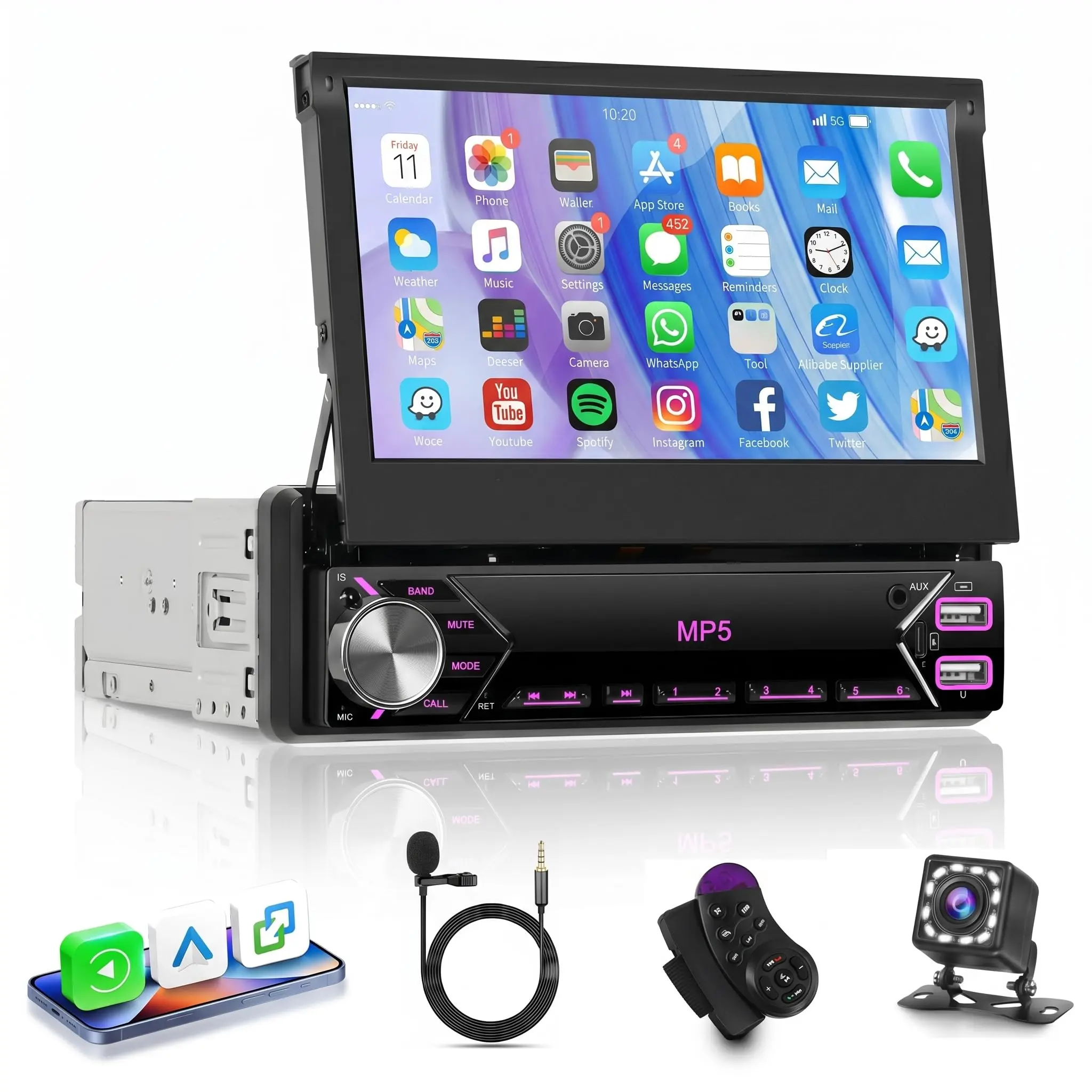Single Din Flip Out Car Stereo Bluetooth 7 Inch Retractable Touch Screen Car Radio 1 Din Mirror Link/FM/EQ USB/Type-C/AUX SWC, Car Audio Receiver MP5 Multimedia Player with Backup Camera