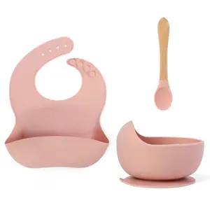 Summer Spring Gift  Baby Bowls with Suction, Silicone Bibs, Self Feeding Spoons, Led Weaning Supplies, Toddler Eating Set for Ages 6 Months+ (Baby Pink)