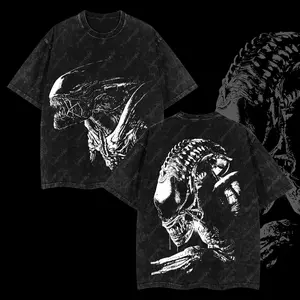 Superstyle Xenomorph Alien Horror Screamer Ver 04 Alien vs. Predator AVP Edition Double Printed Oversize Lightweight Acid Washed Tee TV Series Movies Graphic Design Top Cotton Streetwear Comic Superheroes T-Shirt Clothes Menswear Womenswear