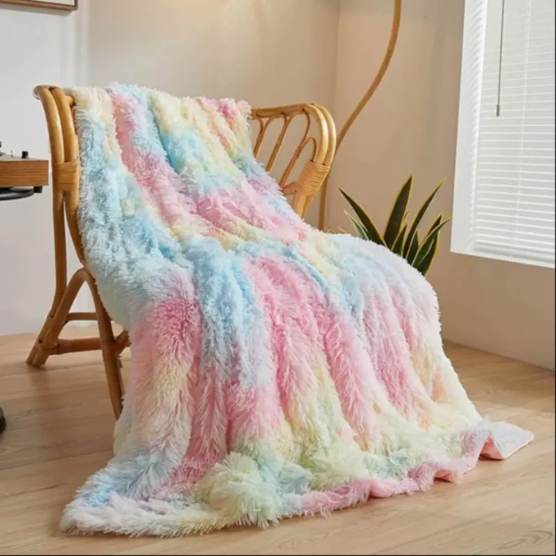 Plush Super Soft Fluffy Blanket Colorful Bedding Sofa Cover Furry Fuzzy Fur Warm Throw Qulit Cozy Couch Blanket for Winter ( Rainbow)
