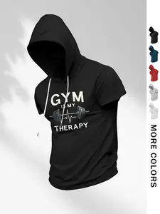 Men's "GYM IS MY THERAPY" Short Sleeve Hoodie - Barbell & Heartbeat Graphic - Quick-Dry Athletic Workout Top