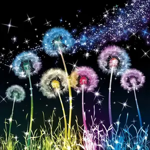 5D Diamond Painting Kit - Rainbow Glowing Dandelions in Starry Night, Full Round Drill Sparkling Fantasy Floral Mosaic Art, DIY Rhinestone Embroidery Designs for Bedroom Wall Decor