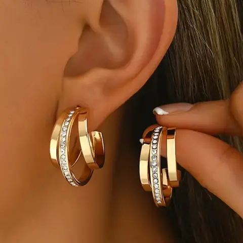 Women's Simple Fashion C Shape Zircon Earrings, Statement Earrings, Three-Layer Circle Design, Elegant Jewelry Gift for Daily Wear & Formal Events, Zirconia Hoop Earrings, Artificial Zircon Earrings, Statement Hoops Earrings