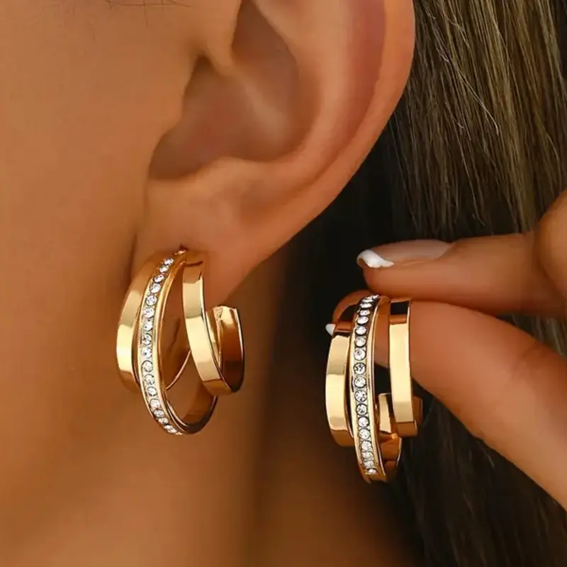 Women's Simple Fashion C Shape Zircon Earrings, Statement Earrings, Three-Layer Circle Design, Elegant Jewelry Gift for Daily Wear & Formal Events, Zirconia Hoop Earrings, Artificial Zircon Earrings, Statement Hoops Earrings