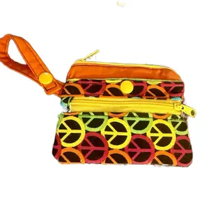 Loves2Stitch Handmade Neon Peace Love Coin Wallet Wristlet with Colorful Peace Sign Design & Orange Strap