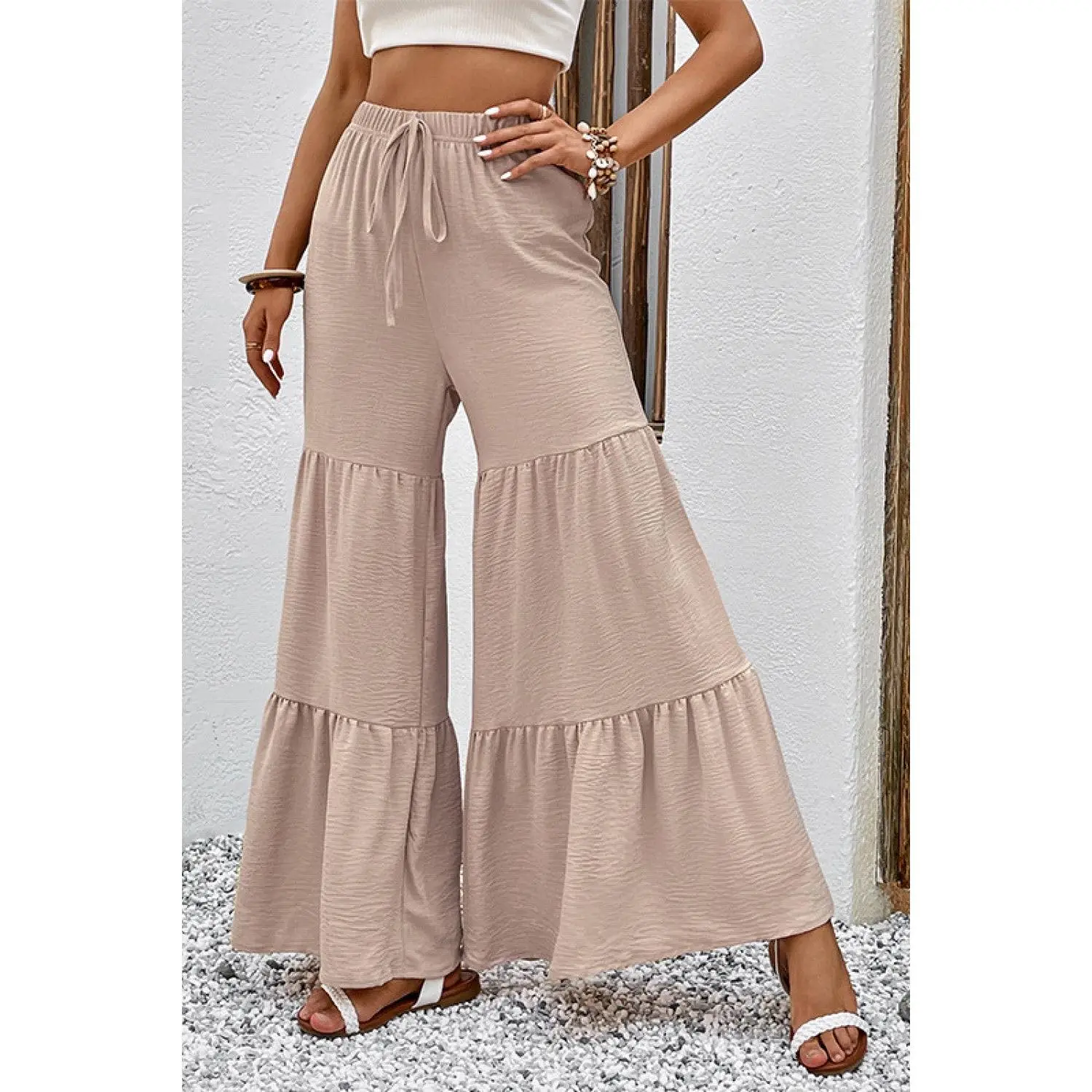 Drawstring Waist Tiered Flare Culottes