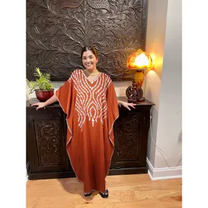 Kaftan Dresses For Women Burnt Orange Embroidered Cotton Caftan Maxidress L-2X