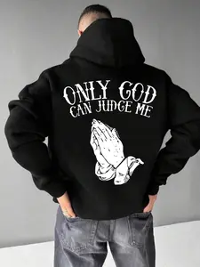 Men's Casual Hooded Sweatshirt, Text Slogan & Prayer Hand Print, Regular Fit, Comfortable Fabric, Fall Fashion, Street Style
