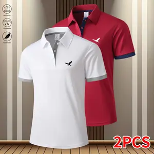 Men’s two-piece set featuring a polo shirt with a soaring eagle print on the chest. Suitable for sports, fitness, and everyday casual wear. Men’s formal short-sleeve polo shirt; men’s polo shirt | men’s short-sleeve. A gift for him.