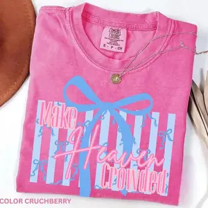 Make Heaven Crowded Bow T-Shirt, Cute Christian Aesthetic Tee, Coquette Faith Shirt, Preppy Religious Graphic Tee, Inspirational Top-women's clothing