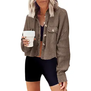 Chouyatou women's short waffle jacket autumn casual bat sleeve cropped top shirt jacket with chest pockets