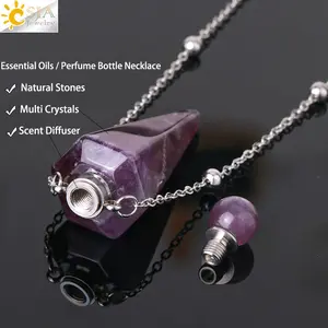 Natural Stone Cone Perfume Bottle necklace Healing Clear Quartz Crystal Pendant Reiki Essentials Oil Diffuser Vial Necklace H119