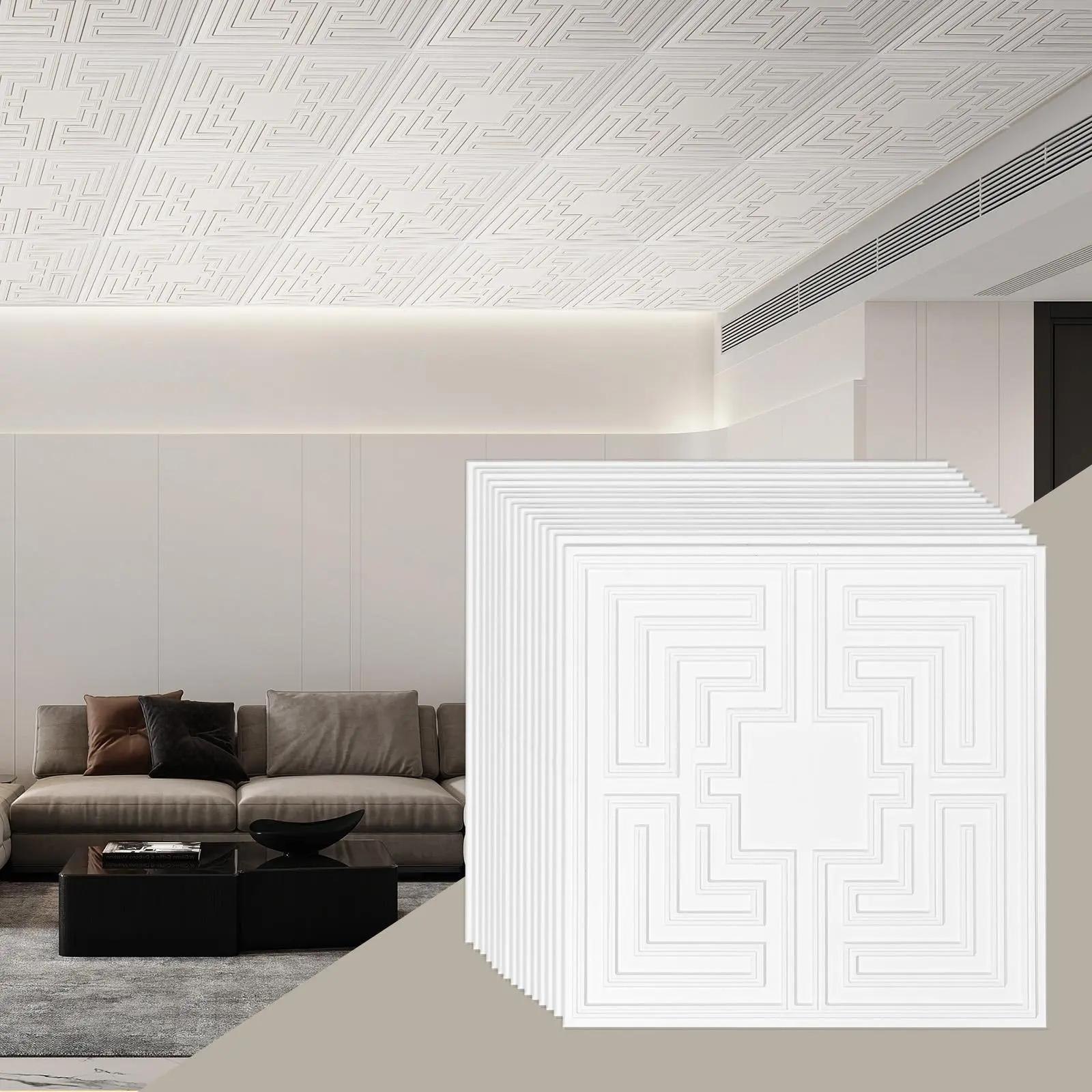 VEVOR Square Waterproof Decorative PVC Ceiling Tiles, 12-Pack 24" Indoor Glue-Up Tiles, Easy Installation & Cutting for Home Office Use, White Echo Pattern
