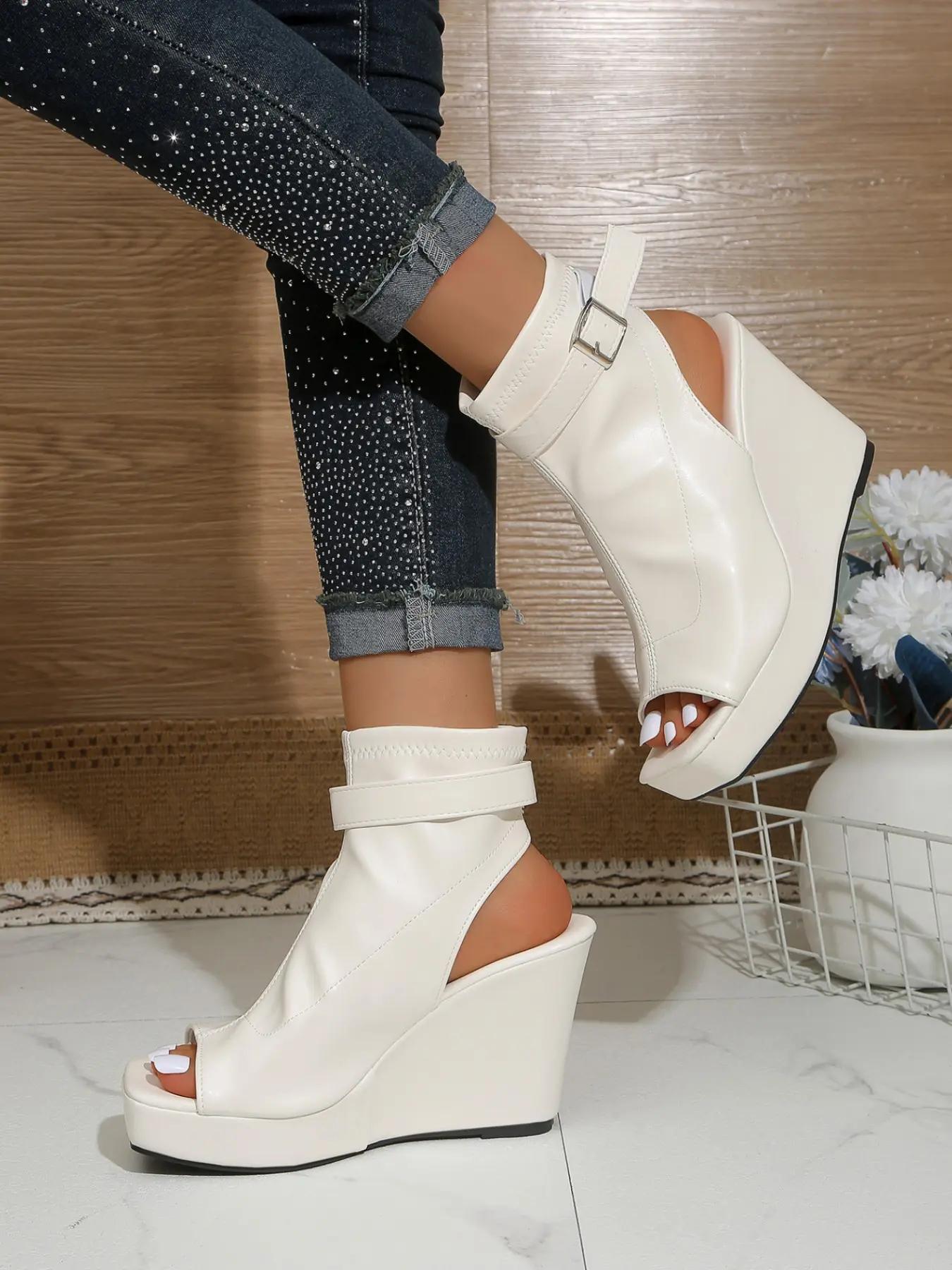 Women's Fish Mouth Wedge Sandals, Buckle Back Hollow High Heel Waterproof Rubber Platform Shoes, Perfect for Party Nightclub, Fashion Heeled Sandals Elegant Classy, Fashionable Heeled Sandals, Wedged Heels