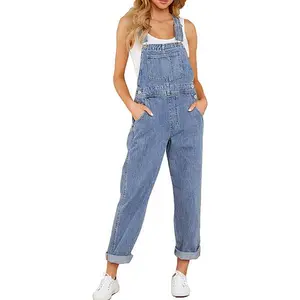 Luvamia Women's Blue Mist Denim Bib Overalls Casual Stretch Adjustable Fitted Tapered Leg Jumpsuits Trouser
