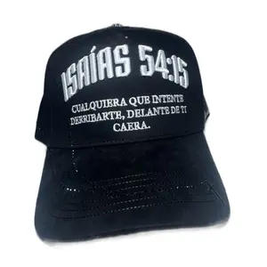 ISAÍAS 54:15 BLACK JESÚS & ROSARY EMBROIDERED SUEDE & COTTON HAT FROM - SRHATS 5 Panel Adjustable Luxury Suede & Cotton Cap with Custom Satin Interior Snapback Closure