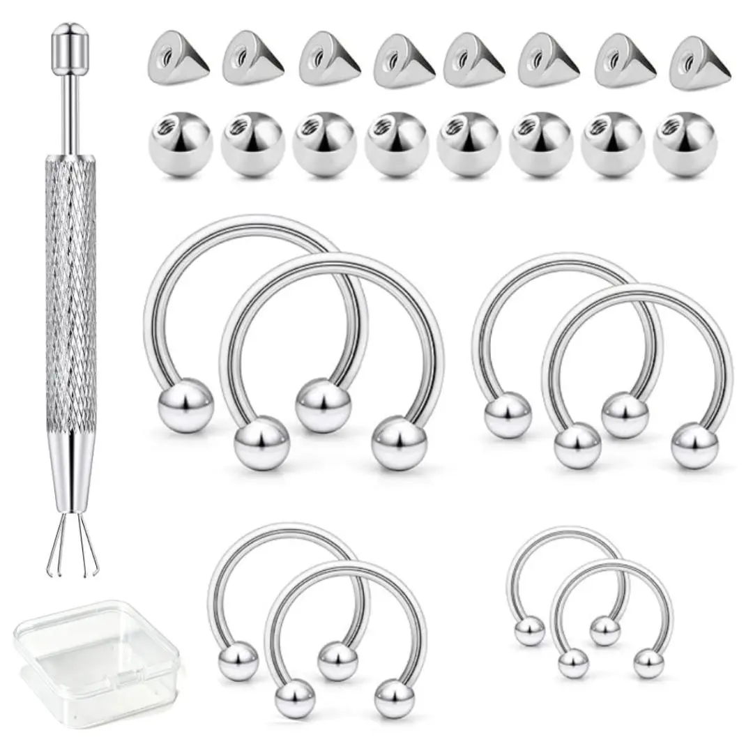 26-Piece Stainless Steel Horseshoe Piercing Set - Body Jewelry with Horseshoe Ring, Replacement Round Bead, Conical Accessory, Grasping Tool, Storage Box for Adults (Nose, Lip, Ear Bone Use), Piercing Sets