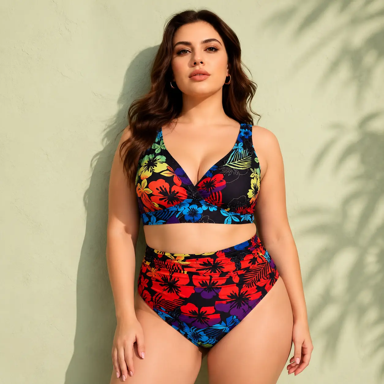 Plus Size High Waisted Bikini Set Tropical Floral Print Two Piece Swimsuit for Women, V Neck Wrap Front Bikini Top, Wide Strap Swimwear, Ruched High Waist Bottom, Resort Beach Vacation Bathing Suit