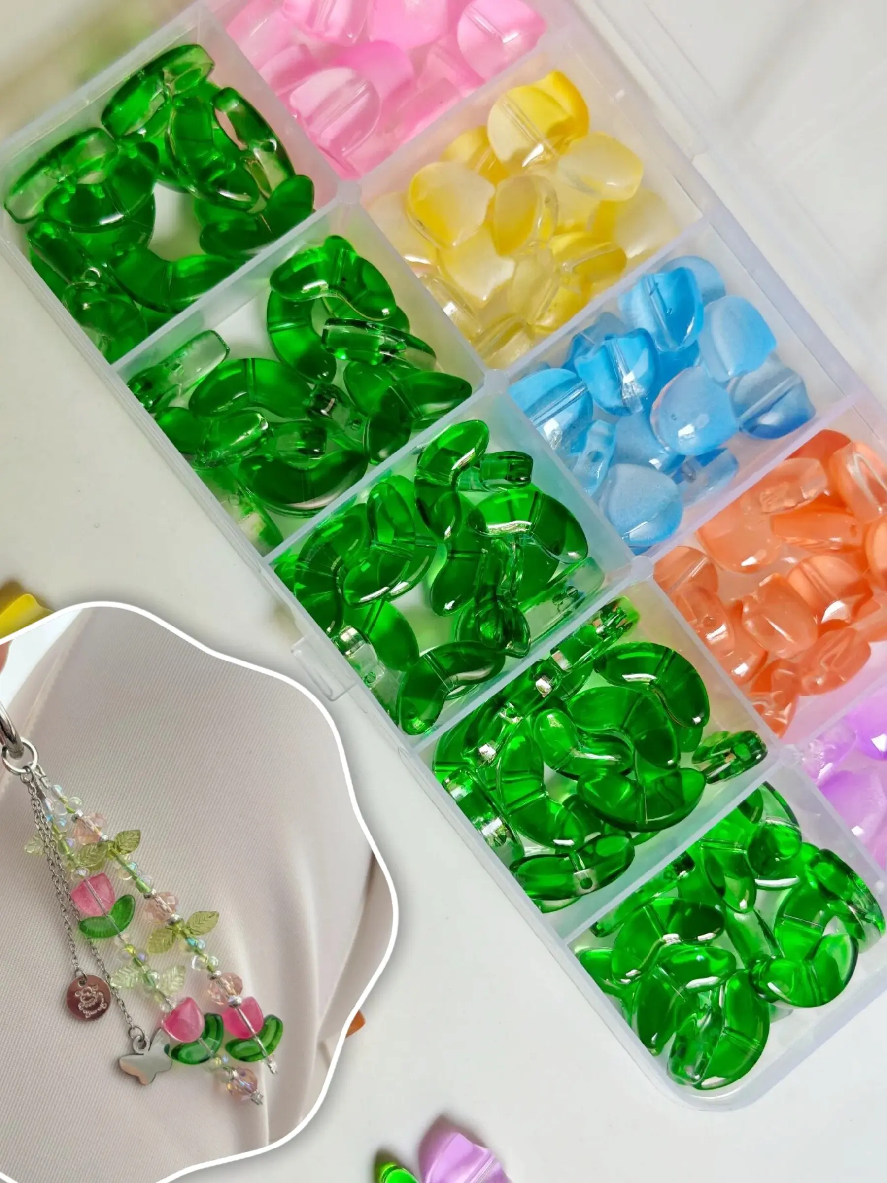 150pcs Tulip Bead Set, Pastel Flower and Leaf Beads, Glass Beads For Jewelry Making, DIY Jewelry Making, Bracelets, Phone Charms, Craft Supplies