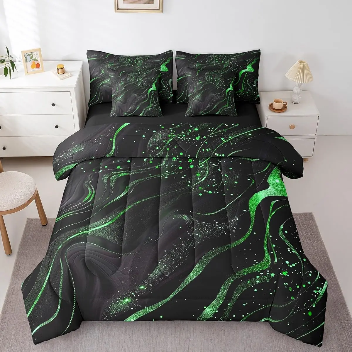 Feelyou 7-Piece Marble Textured Microfiber Luxe Comforter Set - Black Green Modern Glitter Shine, Comfy Bedspread Decorative Bedding Set for Adults (Multi-Size Bed-in-a-Bag), Comfy Bedding Set