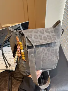 Retro Leopard Print Drawstring Bucket Bag, Soft Faux Suede Crossbody Bag, Fashion Daily Shoulder Handbag for Ladies Commute Travel