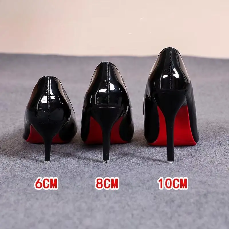 SexyRedSoleThinHeelHighHeelsClassicStyleBlackOfficeWorkShoesPatentLeatherMatteLeatherLadyPumpsPlusSize4243