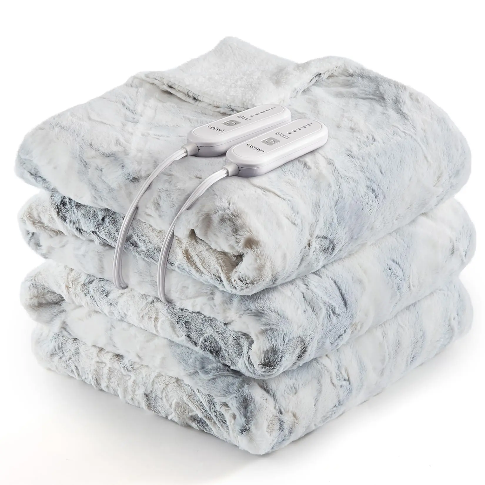【GARVEE】Heated Blanket Queen Size with Dual Control, Fast Heating Blankets with 5 Heat Levels & 10 Hours Auto Off, ETL Certified Soft Thicken PV Plush Electric Throw Blanket, White Tie-Dye, 84" x 90"