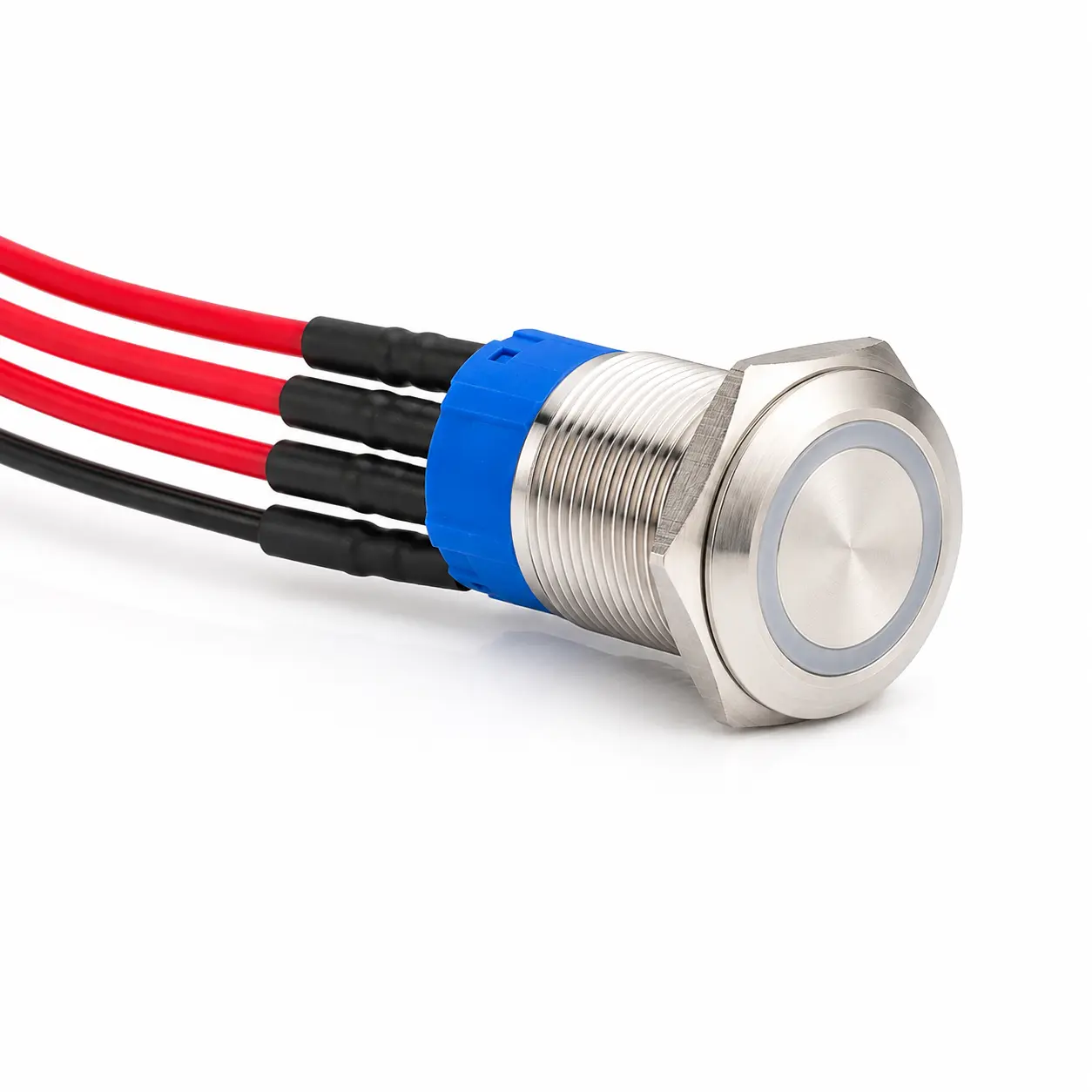 Stainless Steel Industrial Control Panel Push Button Switches (5-Pack) with Blue Connectors, Red-Black Wires for Automotive & Motorcycle Repair Assembly Hand Tools