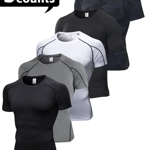 Men's 5-Pack Quick-Dry Tight Active Sports T-Shirts - Short Sleeve Crew Neck Second Skin Fit Synthetics Compression Athletic Base Layer, Polyester-Elastane Breathable Moisture-Wicking Tops for Running, Lifts