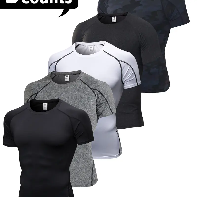 Men's 5-Pack Quick-Dry Tight Active Sports T-Shirts - Short Sleeve Crew Neck Second Skin Fit Synthetics Compression Athletic Base Layer, Polyester-Elastane Breathable Moisture-Wicking Tops for Running, Lifts