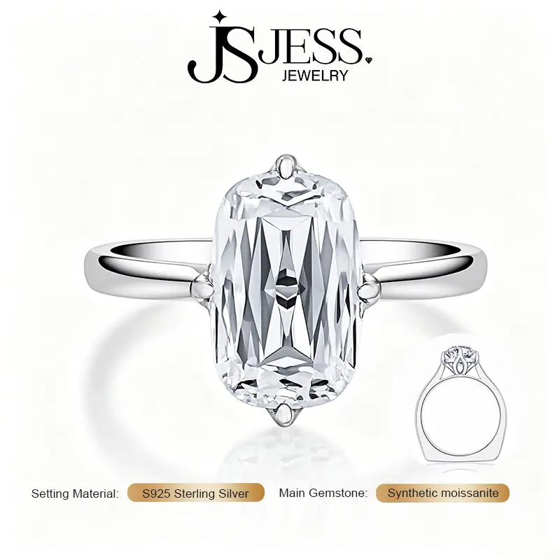 【Eloise】4Carat 7*11mm DE Color VVS1 Long Cushion Cut Moissanite Engagement Ring, S925 Sterling Silver Wedding Band for Women