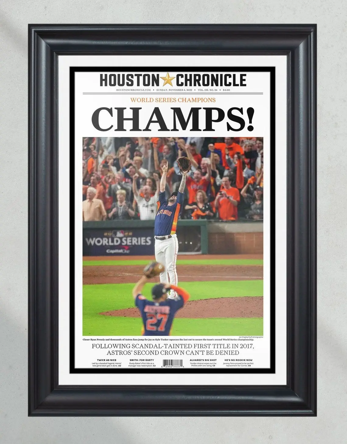 2022 Houston Astros Champs World Series Unframed Poster - Historic Front Page Newspaper Print - MLB Baseball Championship Wall Art - Astros Fan Cave Decor