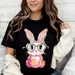 Cute Bunny Rabbit T-Shirt White Colorful Easter Bunny With Heart Glasses And Bubblegum Print For Spring And Holiday Wear