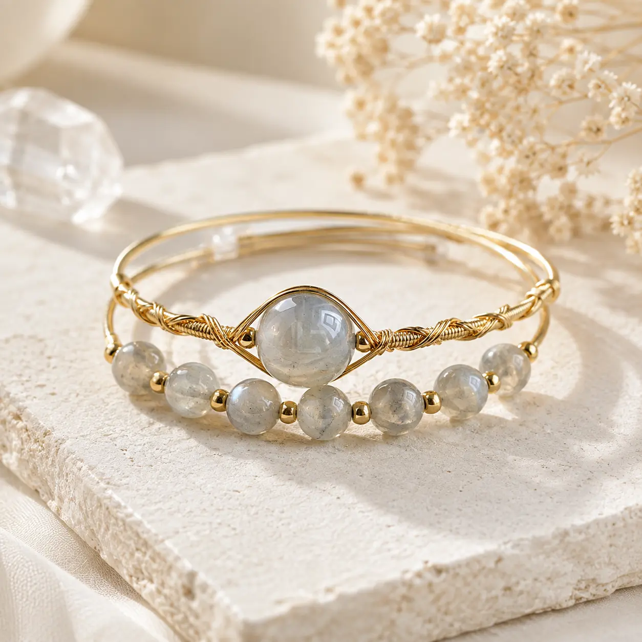 Gray-blue and blue moonstone bracelets, handcrafted gold wire bangles and beaded stacked bracelets, natural stone spiritual Bohemian style jewelry, a gift for girls to wear daily