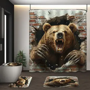 LVRLVR 4Pcs 3D Grizzly Bear Breaking Brick Wall Print Bold Wildlife Multi-Color Shower Curtain Set 70.8×70.8 Inch