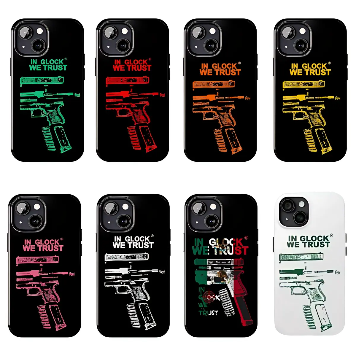 In Glock We Trust Collage iPhone Case, Vintage Mexican Glock Full Design Color Cover, Unique Accessories, ProtectionSuitable for iPhone 17-11 Pro MaxPlus and Samsung Galaxy S23-25,shock-absorbing, anti-drop protective case, lightweight, new fashion trend