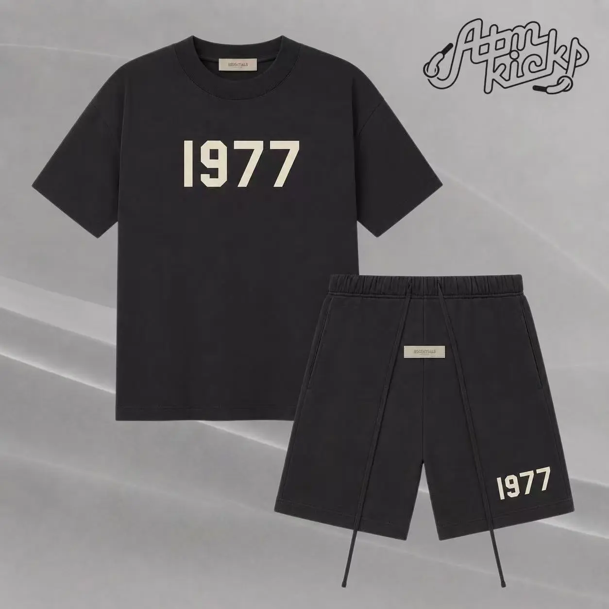 (Tee and Shorts) Fear of God Essentials Style 1977 T-Shirt & Shorts Set Oversized Fit Streetwear Casual Matching Two-Piece Set Stretch Jet Black Summer Outfit Men’s Crewneck Short Sleeve Lounge Set