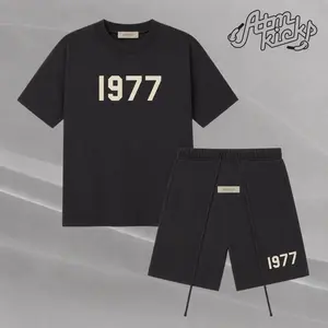 (Tee and Shorts) Fear of God Essentials Style 1977 T-Shirt & Shorts Set Oversized Fit Streetwear Casual Matching Two-Piece Set Stretch Jet Black Summer Outfit Men’s Crewneck Short Sleeve Lounge Set