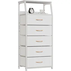 White Dresser with 5 Drawers, Vertical Storage Tower Fabric Dresser for Bedroom, Hallway, Entryway, Nursery, Closet Organizer, Nightstand Bedside Table Furniture, Sturdy Steel Frame, Wood Top