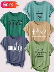 Faith & Goal Spanish-English Graphic cotton T-Shirt Set, 5-Piece Fashionable Loose Streetwear, Casual All Season Clothing Essentials