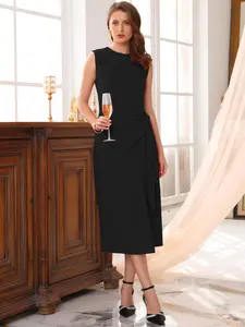INSPIRE CHIC Women's Business Cocktail Dress Front Tie Wrap Formal Elegant Sleeveless Sheath Dresses Black