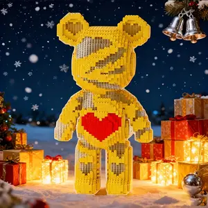 Heart Stripe Lucky Teddy Bear 3D Puzzle Building Blocks Decoration, Home Office Shelf Decor, Party Tabletop Display, Ideal Gift